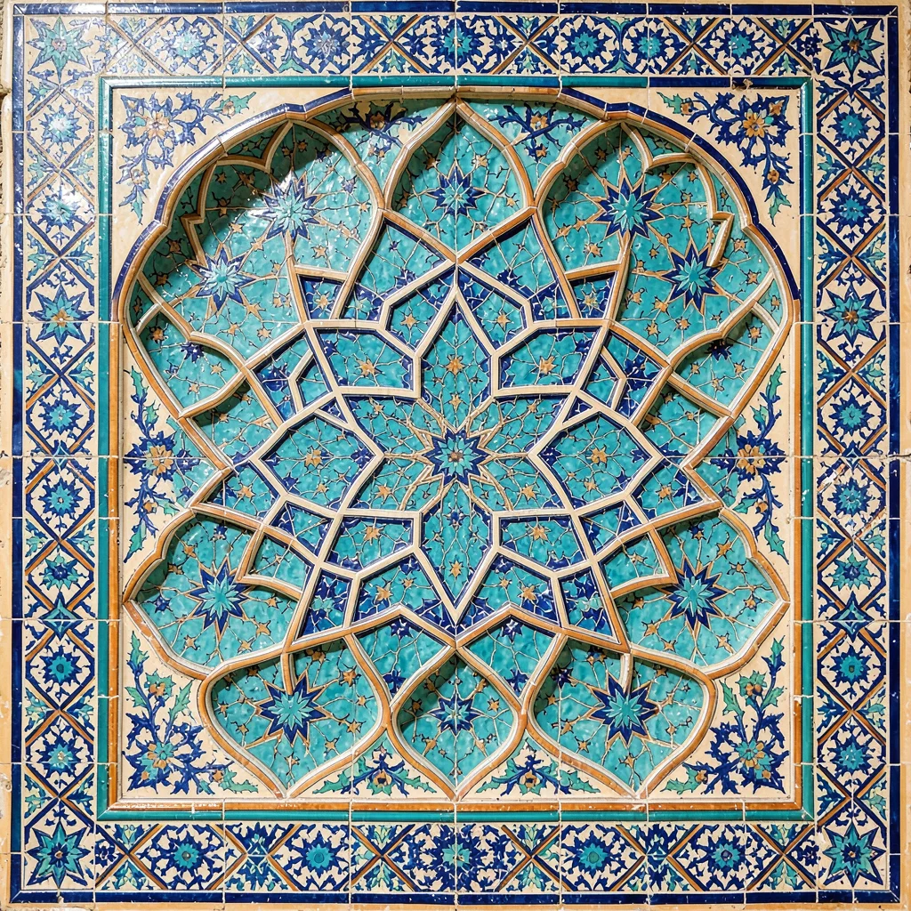 Isfahan Safavid tilework, turquoise geometric infinity, Geometric star pattern i