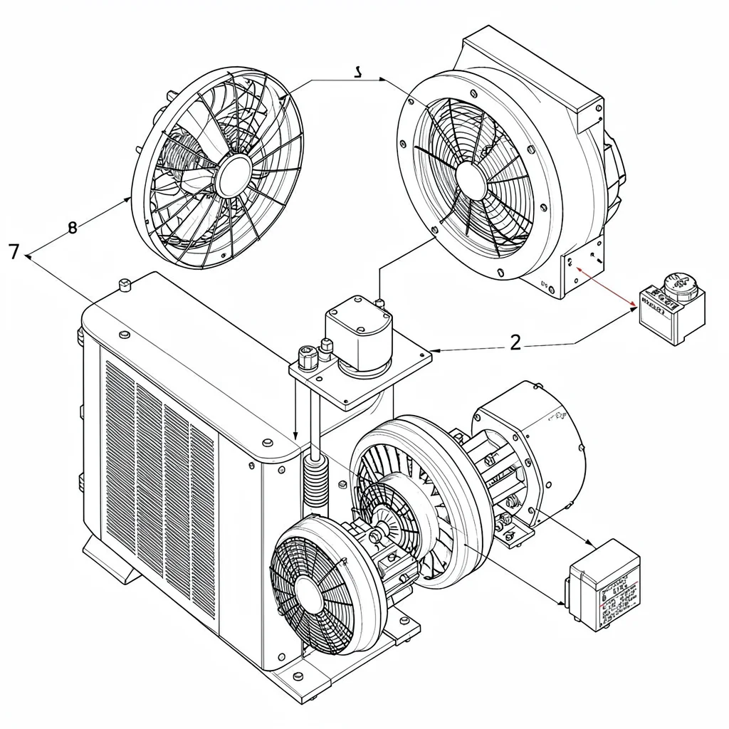 Exploded diagram of an outdoor condenser unit showing fan, coil, compressor and 