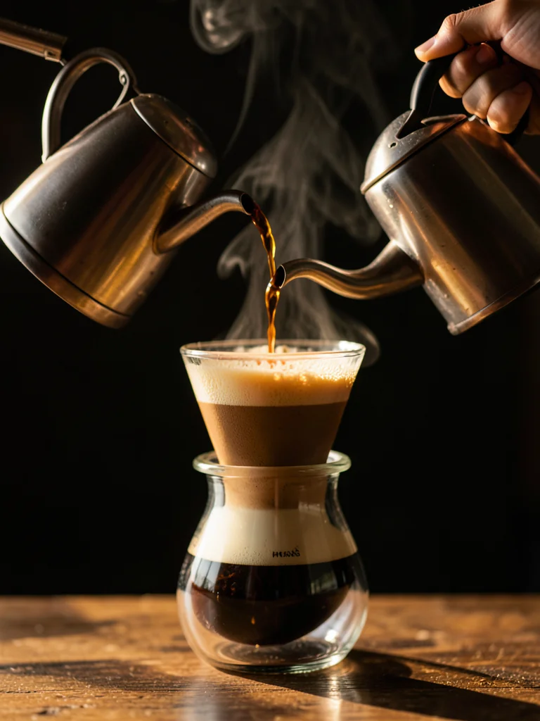 A V60 pour-over in progress, water spiraling from a gooseneck kettle onto the co