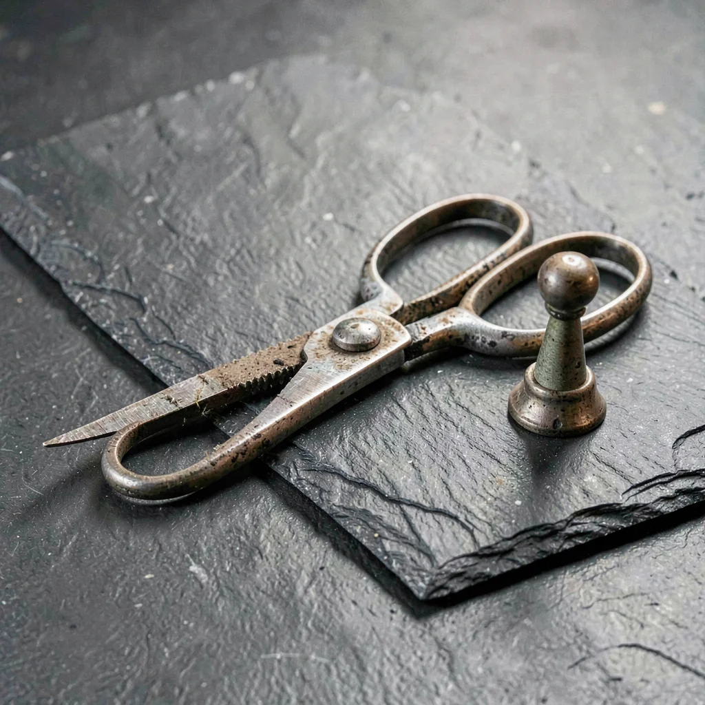 Mineralcut study of a worn pair of fabric shears and a thimble on slate, hard gr
