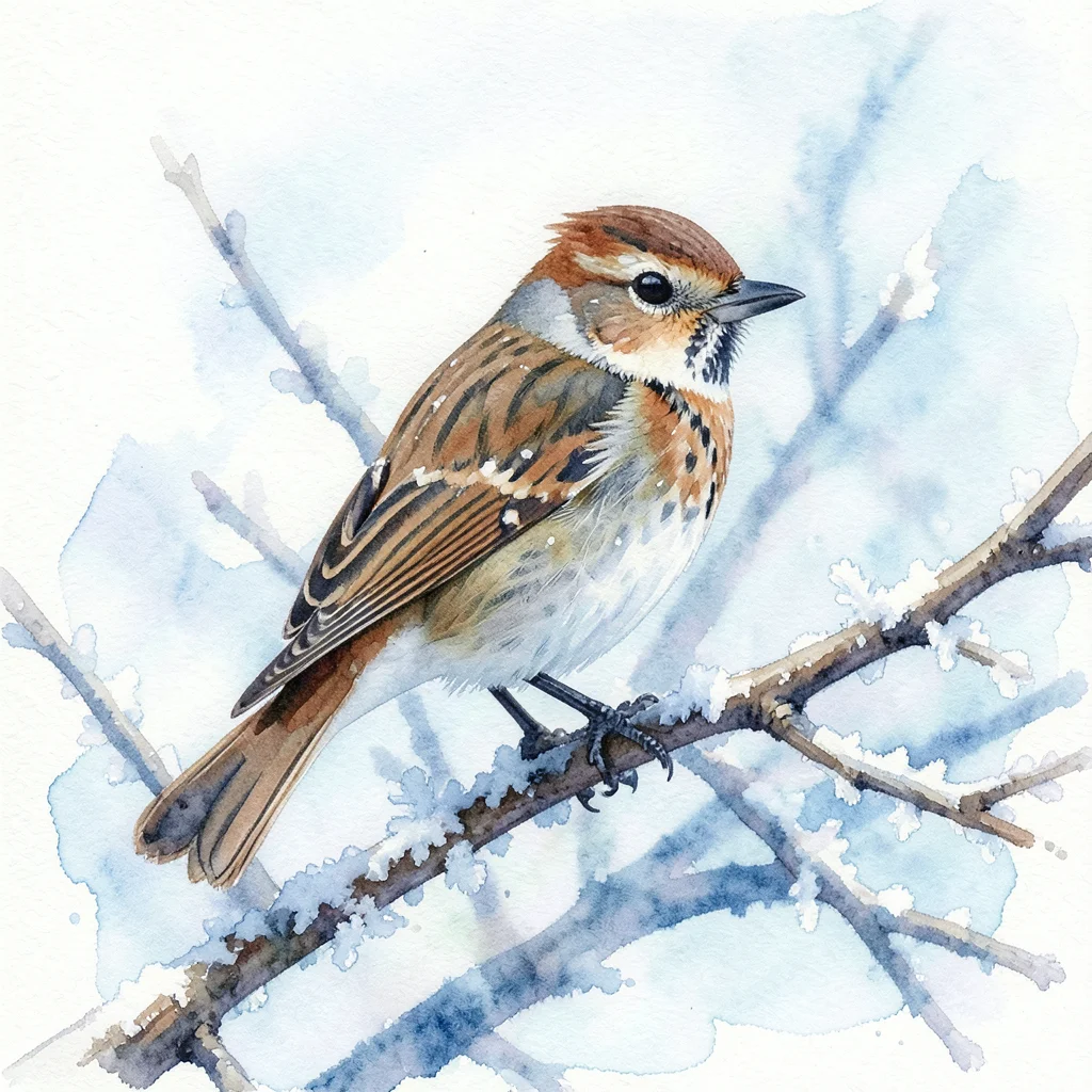 A winter robin on a frosty branch, the bird in precise detail, the snowy backgro