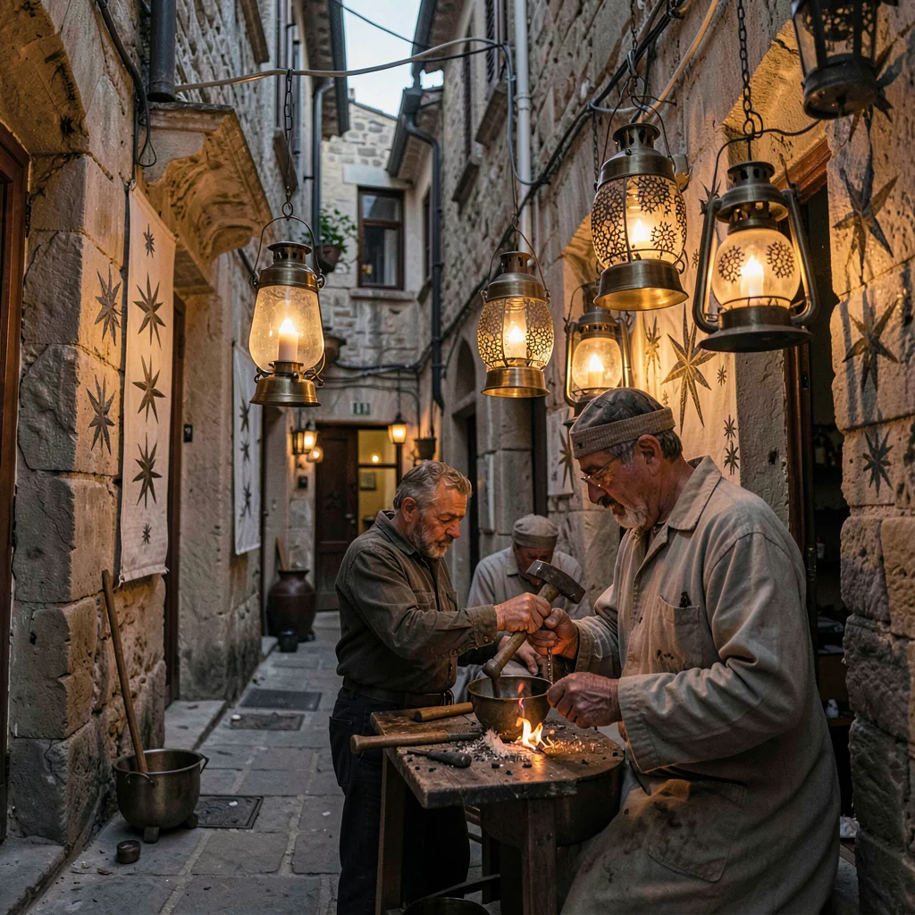 Historic medina photography, labyrinthine old city, A lantern maker hammering pa