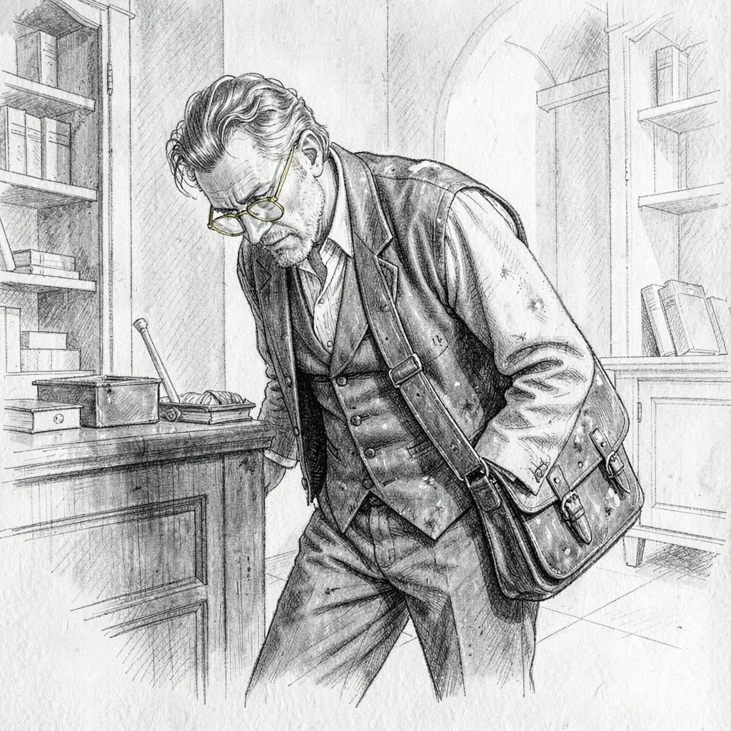 An archivist hunches forward in dust-coated waistcoat, brass spectacles low on h