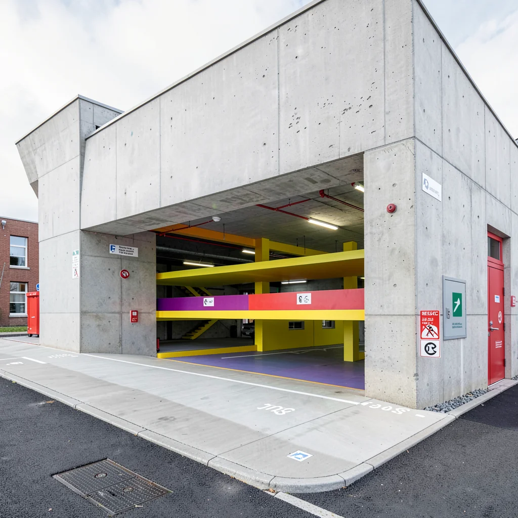 Danish design infrastructure, hygge mechanics, Parking garage with color-coded l