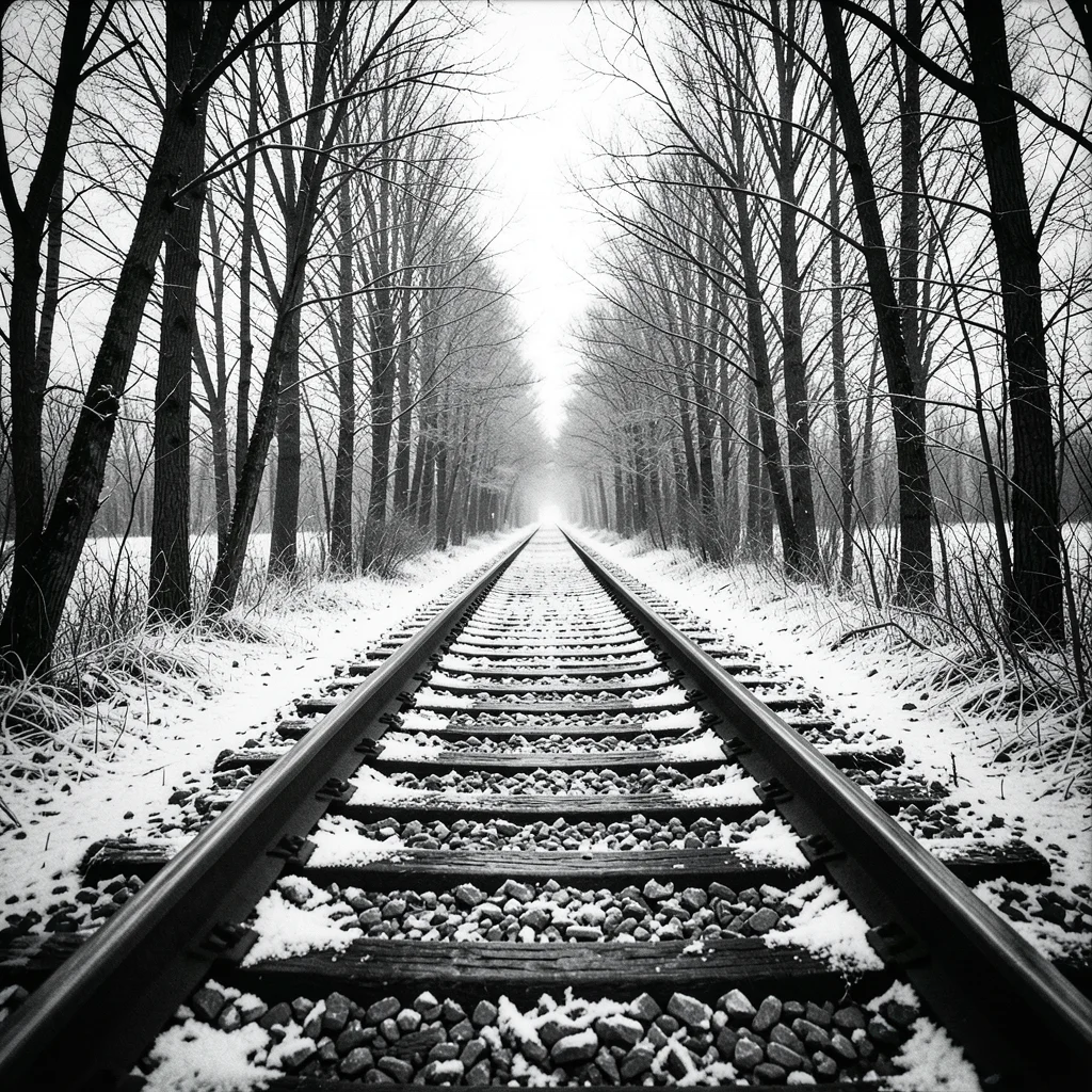 Train tracks converging toward the horizon through a tunnel of bare winter trees