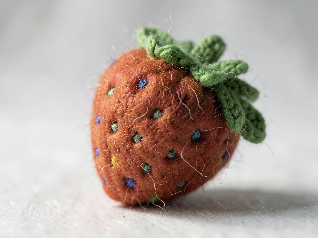 Macro detail of a single felted strawberry showing tiny embroidered seeds and a 