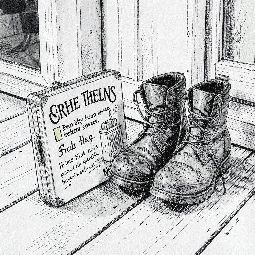 Pen-and-ink editorial of a vet kit case beside a pair of muddy boots on a porch,