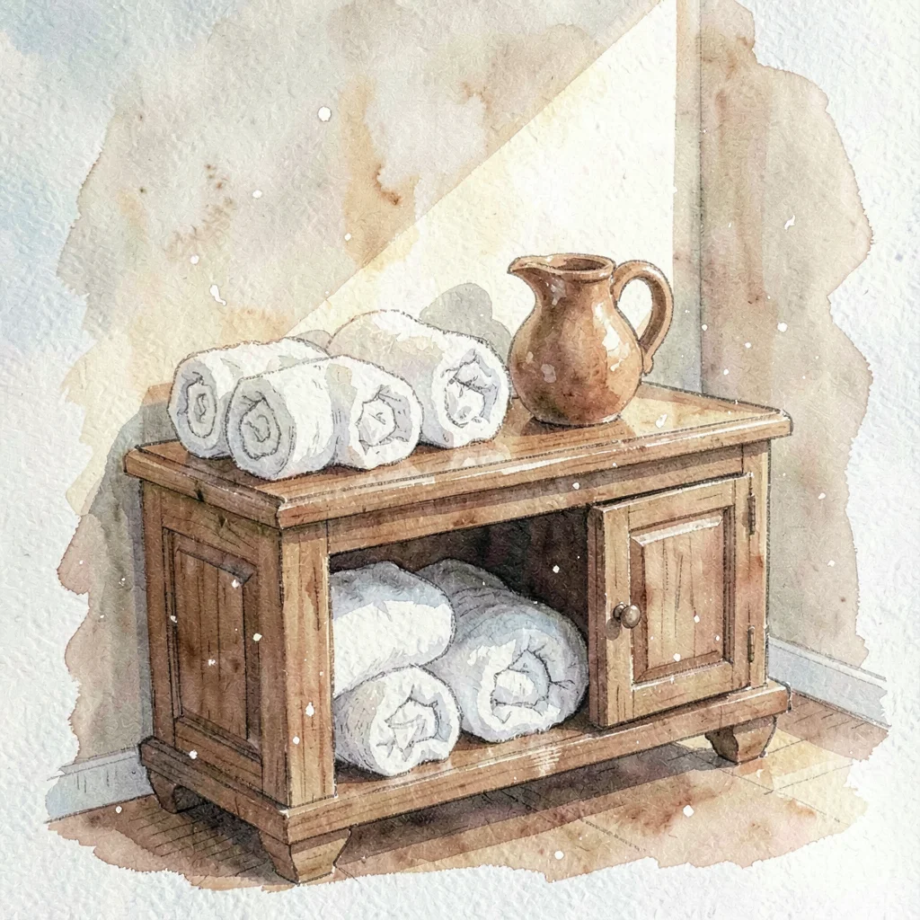 Loose watercolor study of a wooden cabinet holding rolled towels and a clay wate