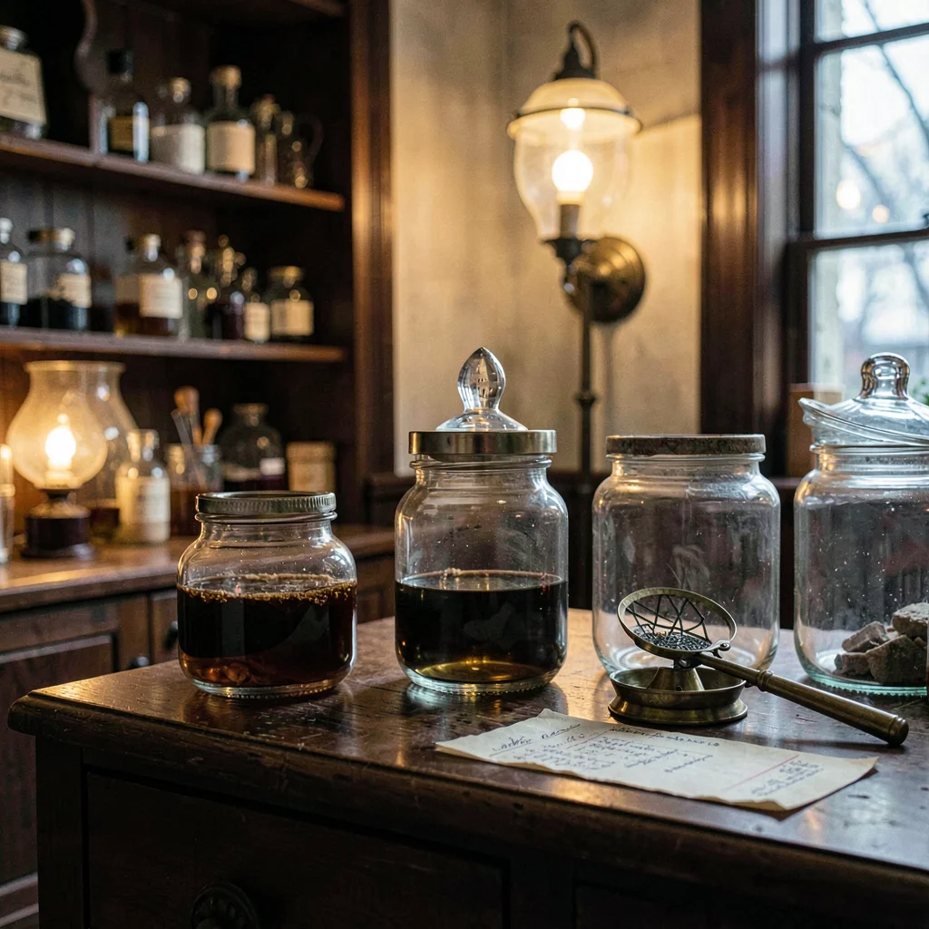 inside an old apothecary at lamplight evening, glass jars rowed against dark mah