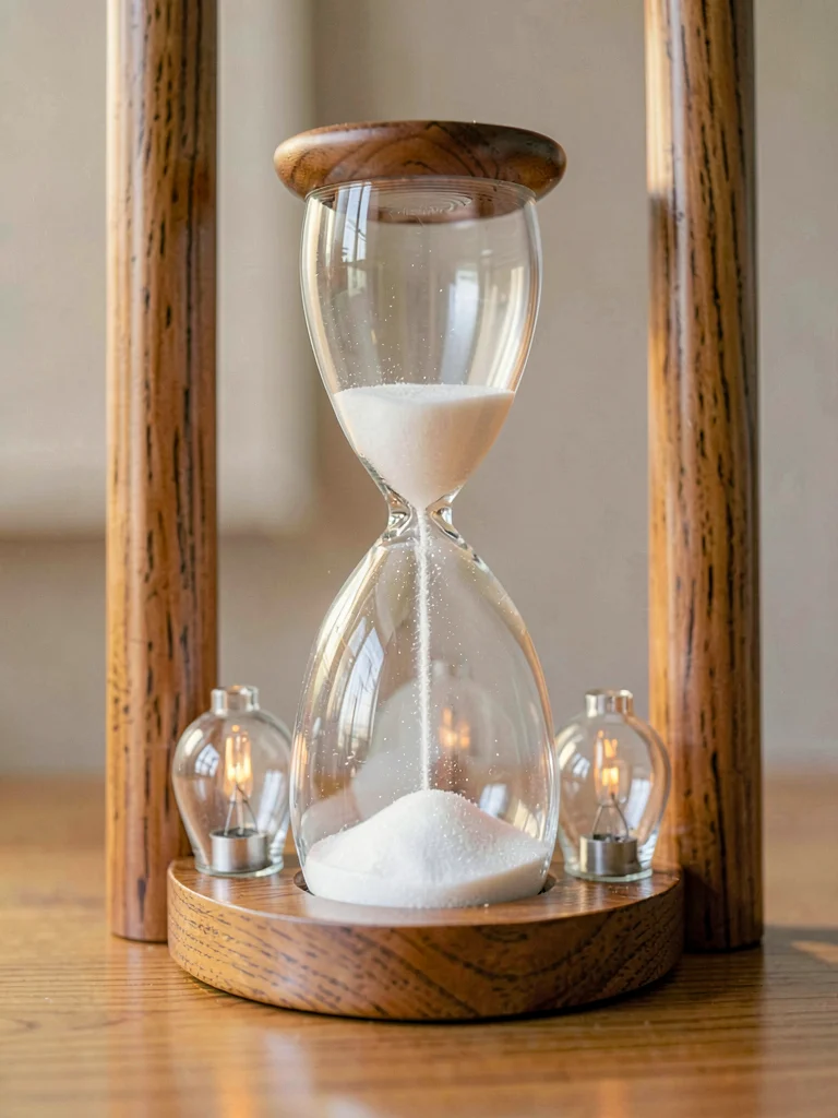 A tall slim hourglass rests showing fine white sand mid-flow between bulbs and a
