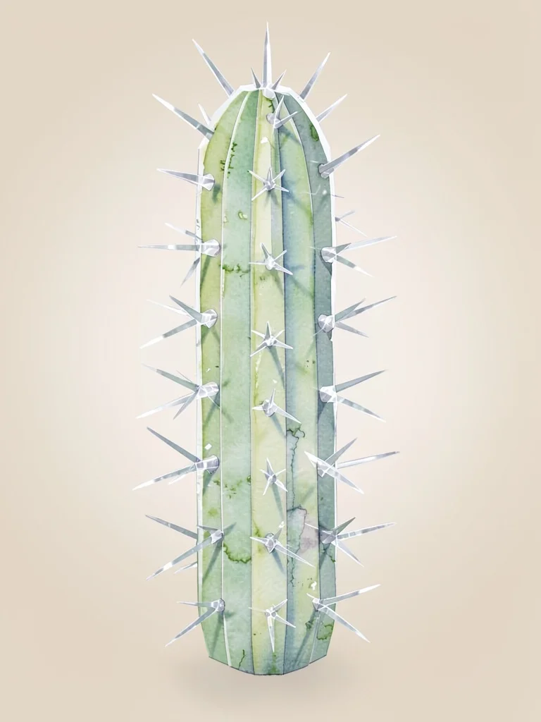 Crystal-clear lowpoly cactus with a tall cylindrical body and sharp transparent 