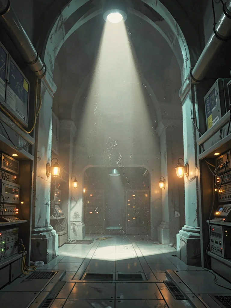 Cathedral-scale sci-fi data archive interior with a single floodlight shaft thro