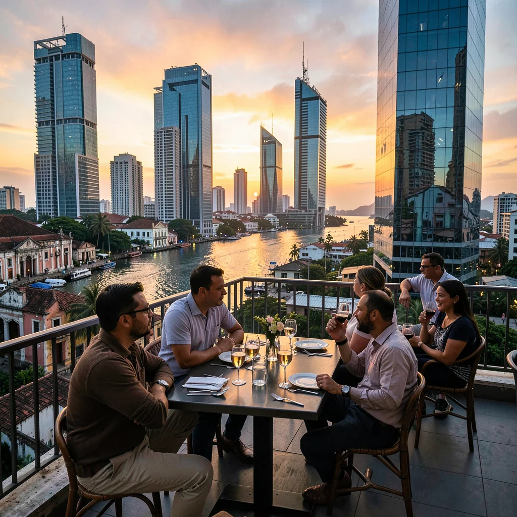 Casco Viejo restoration meeting modern Panama City, A rooftop terrace bar at sun