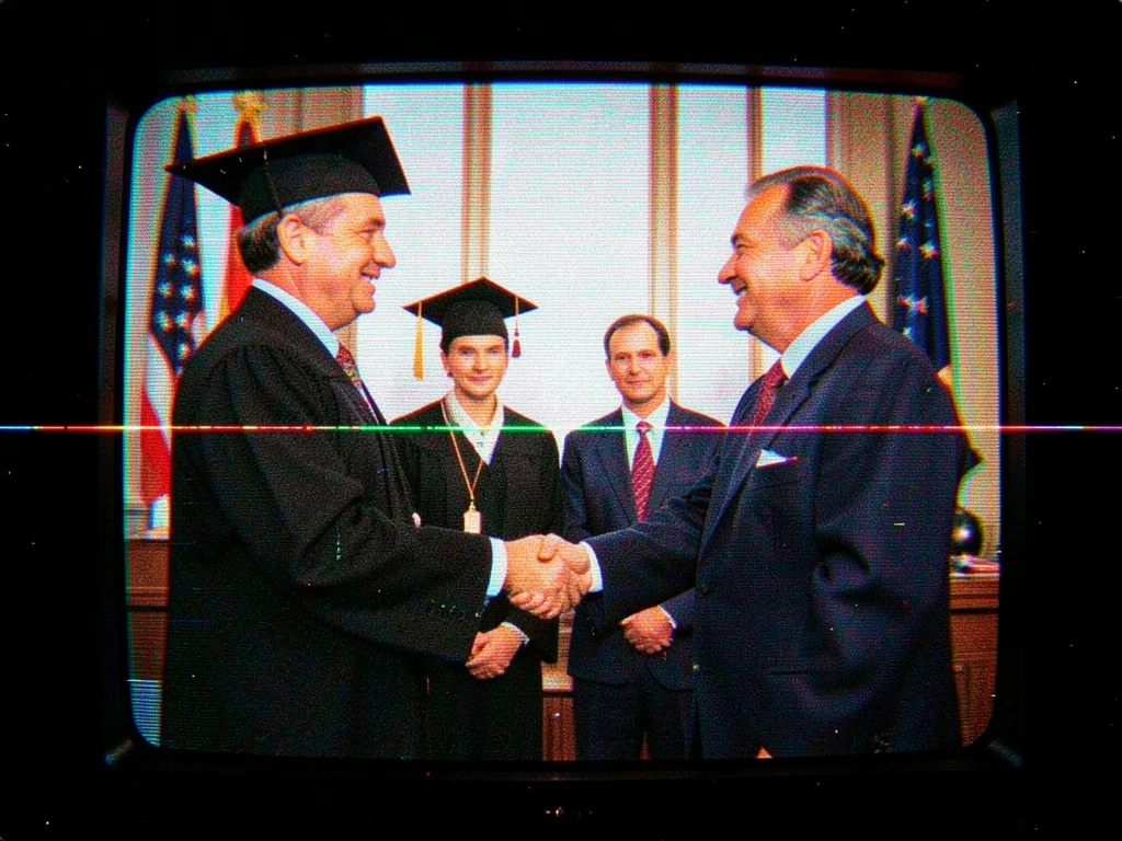 Paused VHS frame of graduate receiving diploma, handshake with dean, scan lines