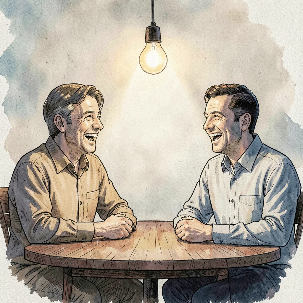 Lamp-line portrait of two co-hosts laughing across the booth table, single bulb 