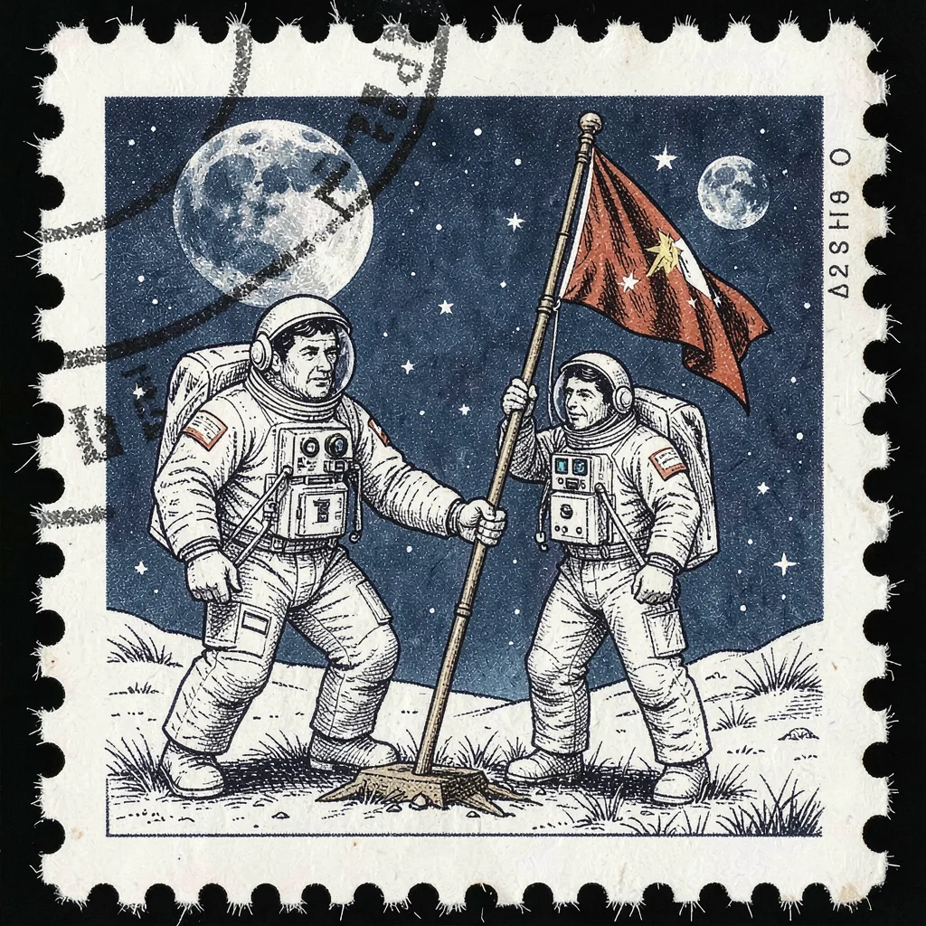 Postage stamp illustration, Moon landing astronaut planting flag , tiny perfect 