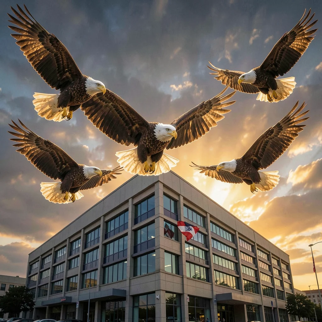 Eagles circling dramatically over a call center building