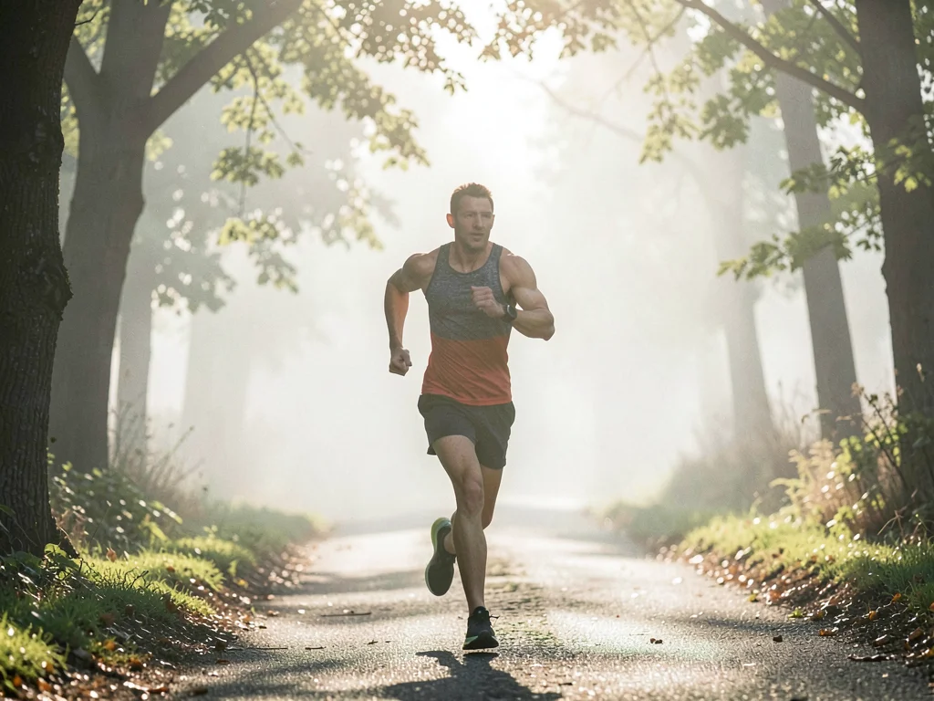 Runner through morning mist