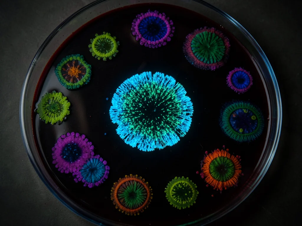 Bioluminescent colony in darkness, self-illuminated bacterial patch glowing blue