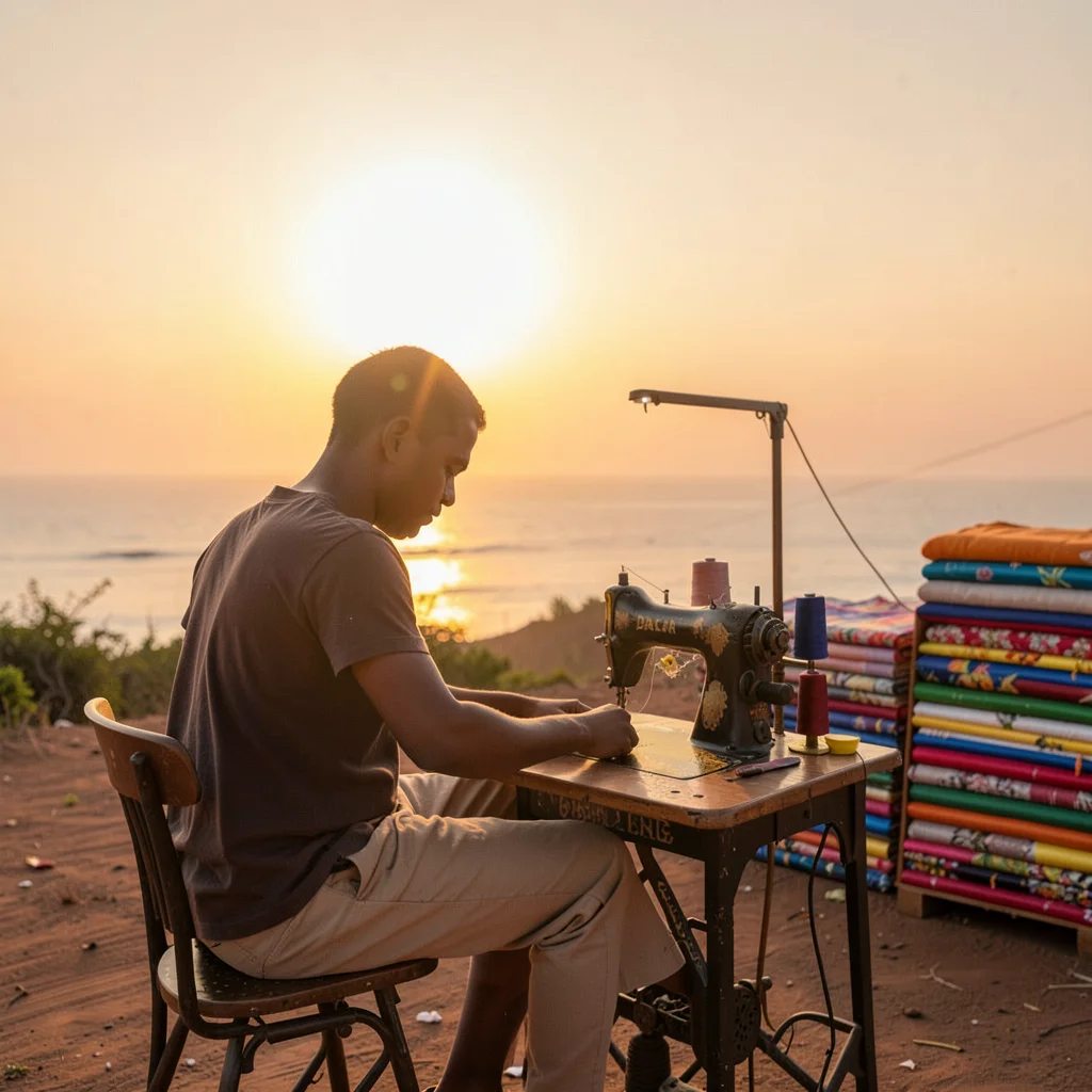Peachy golden Dakar sunset light through sea haze, Tailor at sewing machine outd