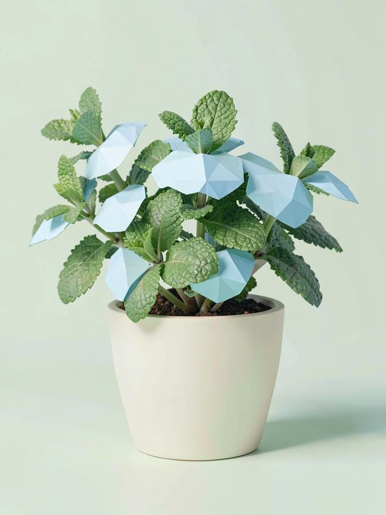 Kitchen sky-blue lowpoly potted herb with chunky mint leaves and a cream pot, on