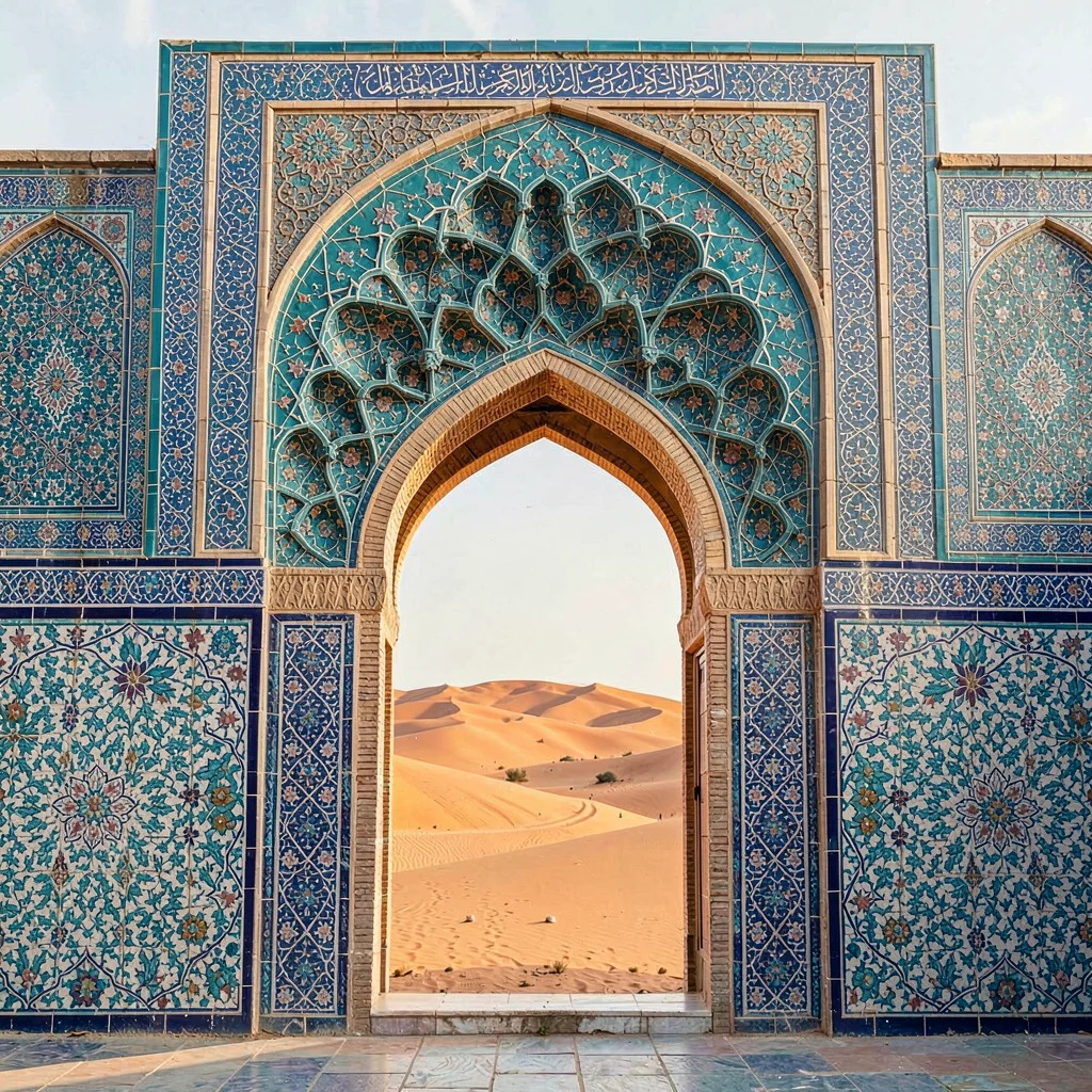 Isfahan Safavid tilework, turquoise geometric infinity, Arched doorway framed in