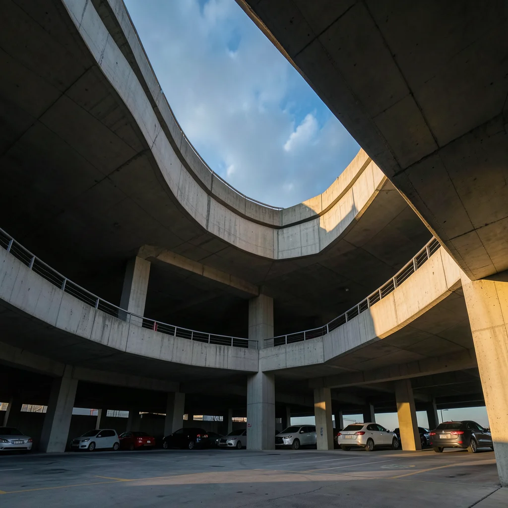 A brutalist parking structure, the helical ramp visible through the open sides, 