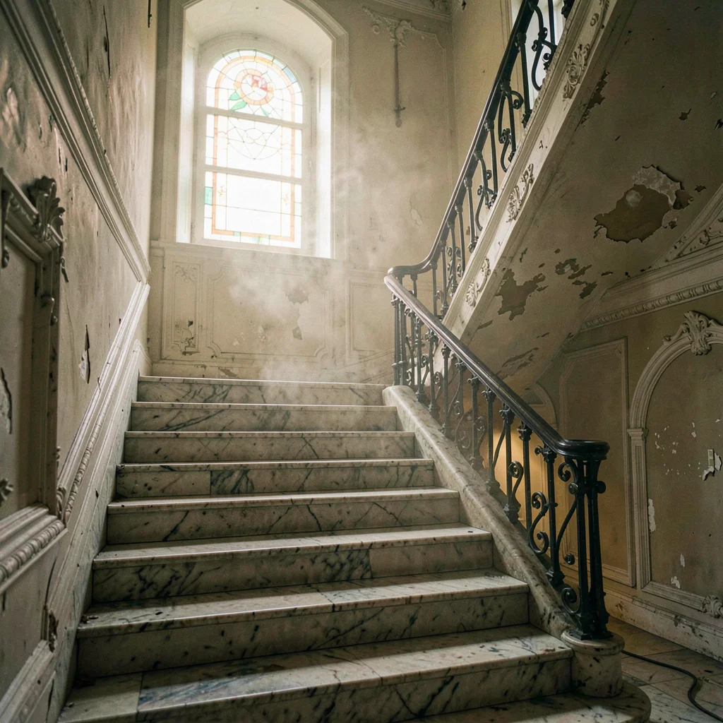 Humid atmospheric scene, Central European grandeur, Grand staircase in old apart