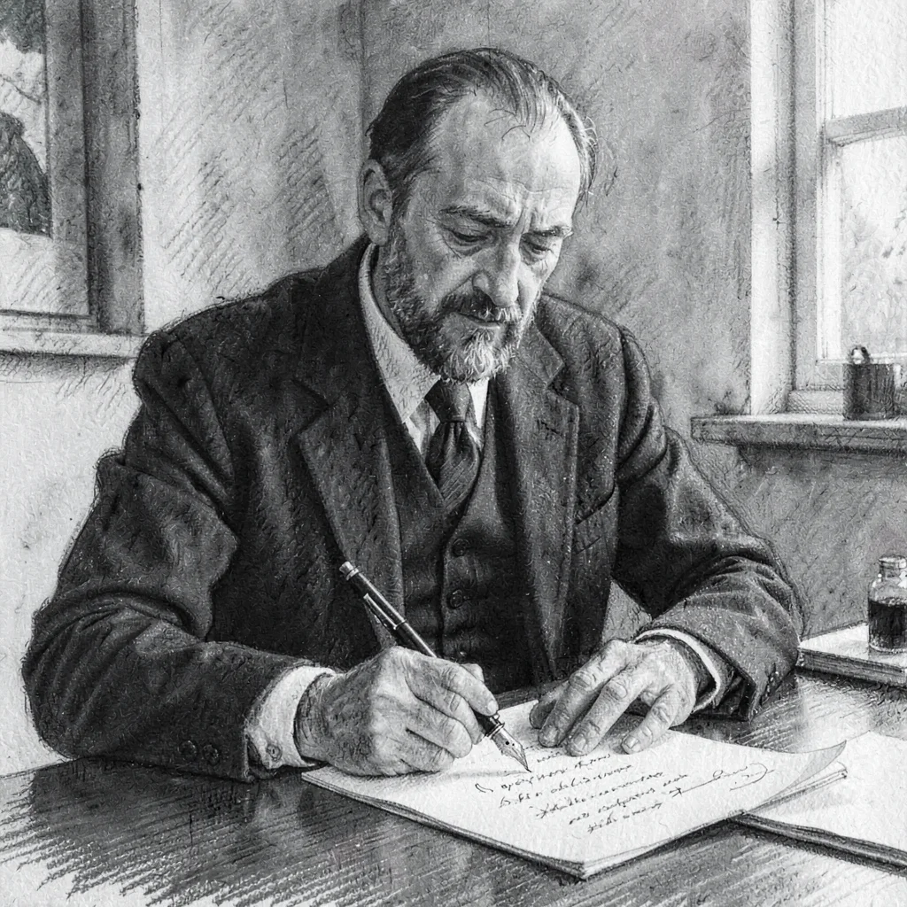 Loose charcoal portrait of a clerk demonstrating a fountain pen on writing paper
