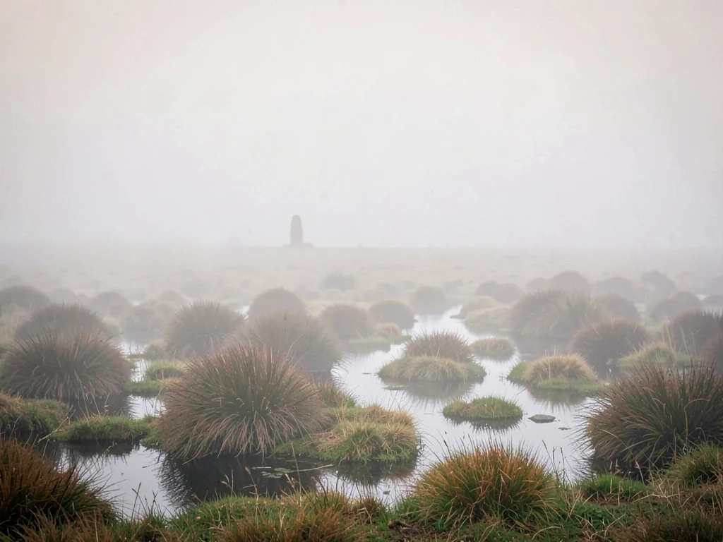 Tussock-and-puddle moor at first light, low fog hugging the ground, distant cair