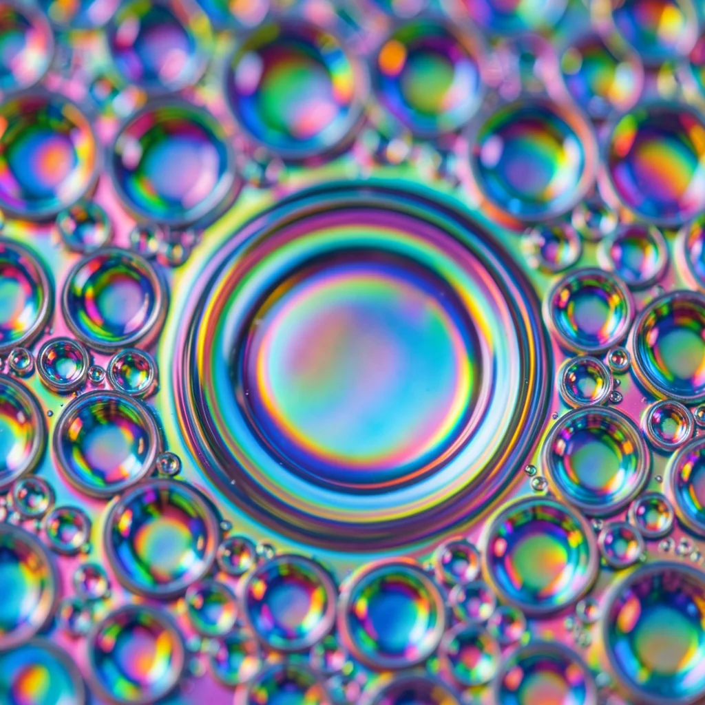 Extreme macro of single oil droplet boundary on water, interference rainbow ring