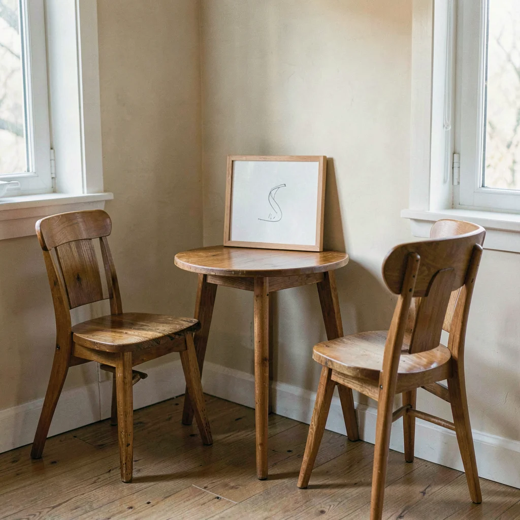 Soft wash of a corner with a single board on a small table, two chairs pulled up
