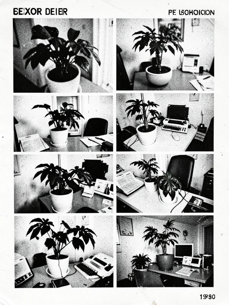 A houseplant on someone's desk photographed and copied twelve generations, leave