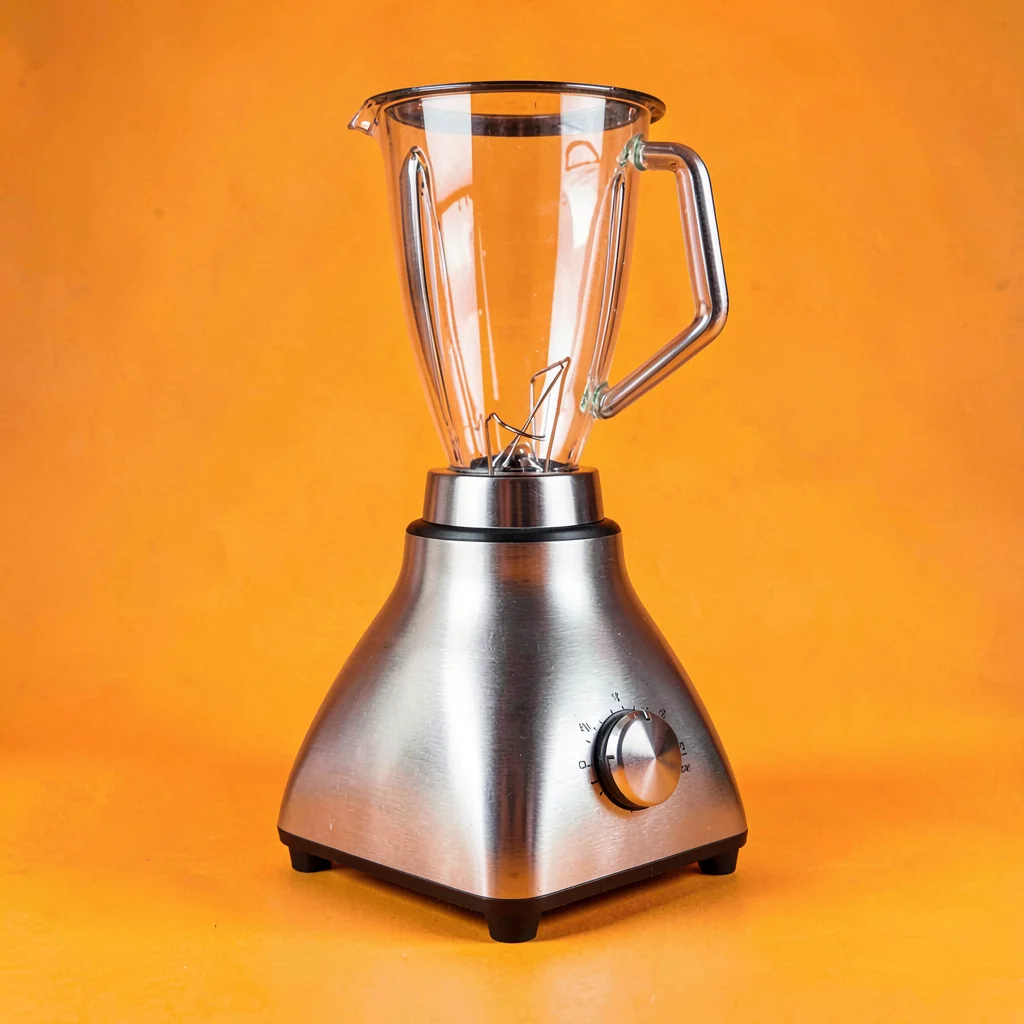 single brushed-steel small kitchen-blender base unit at three-quarter angle on a