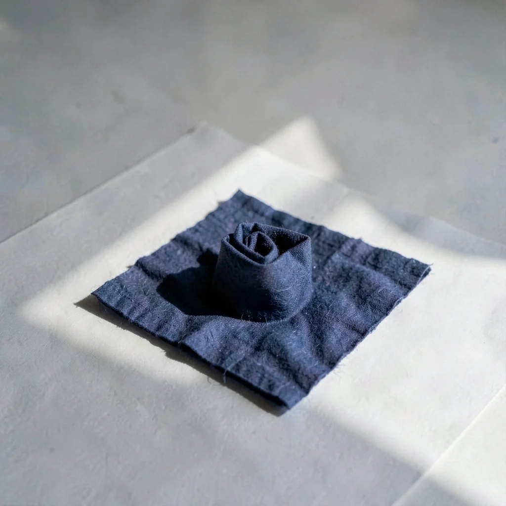 One indigo-dyed napkin folded into a tight square on white-grey paper, fibres so