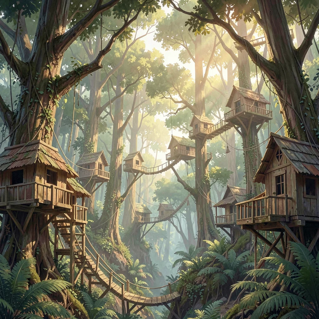 Painterly build vista of a treehouse network in a giant forest canopy