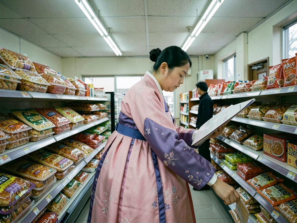 Traditional pink and purple hanbok wearer browsing frozen pizzas at grocery stor