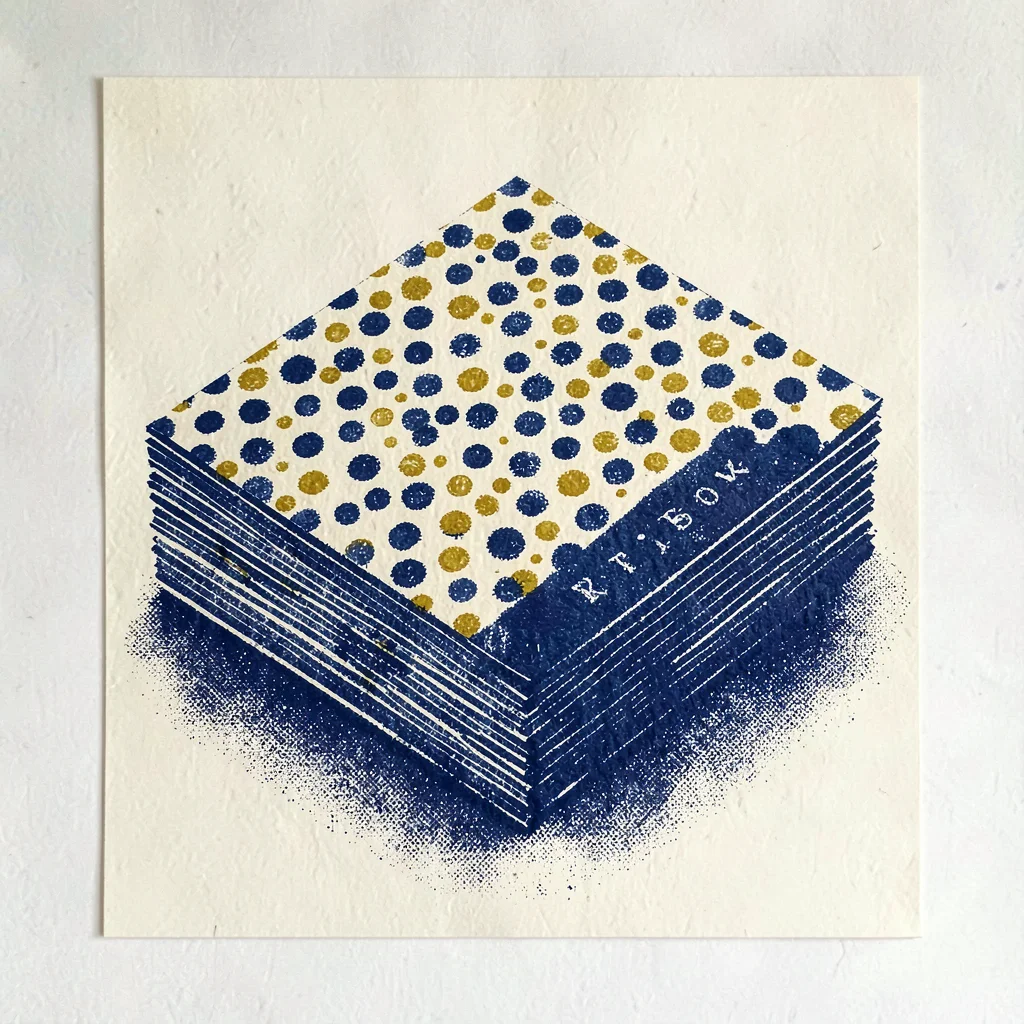 Bold riso poster of a stack of letterpress cards in indigo and mustard spot inks