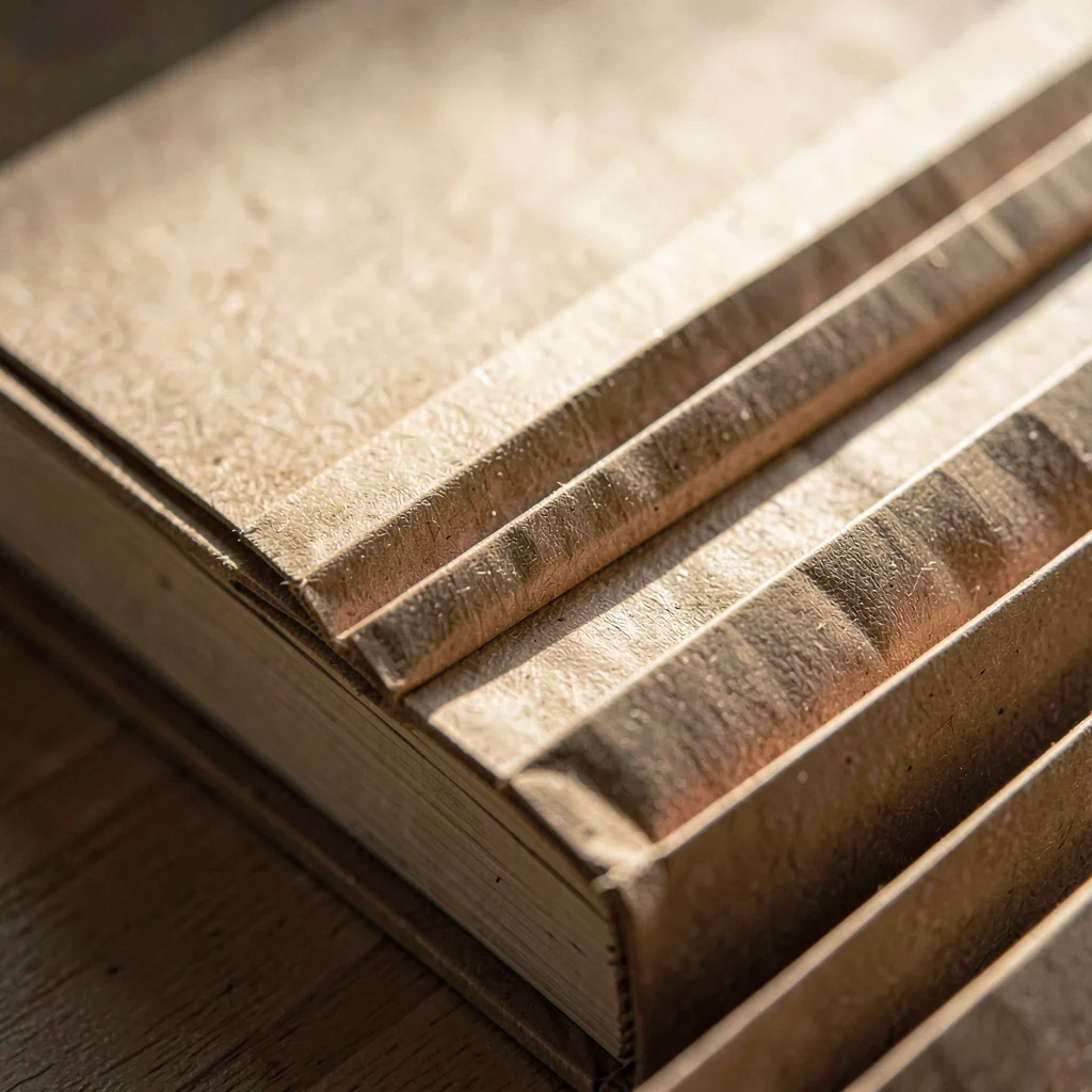 Macro of a kraft paper book wrap with crisp accordion pleats, raking sidelight c