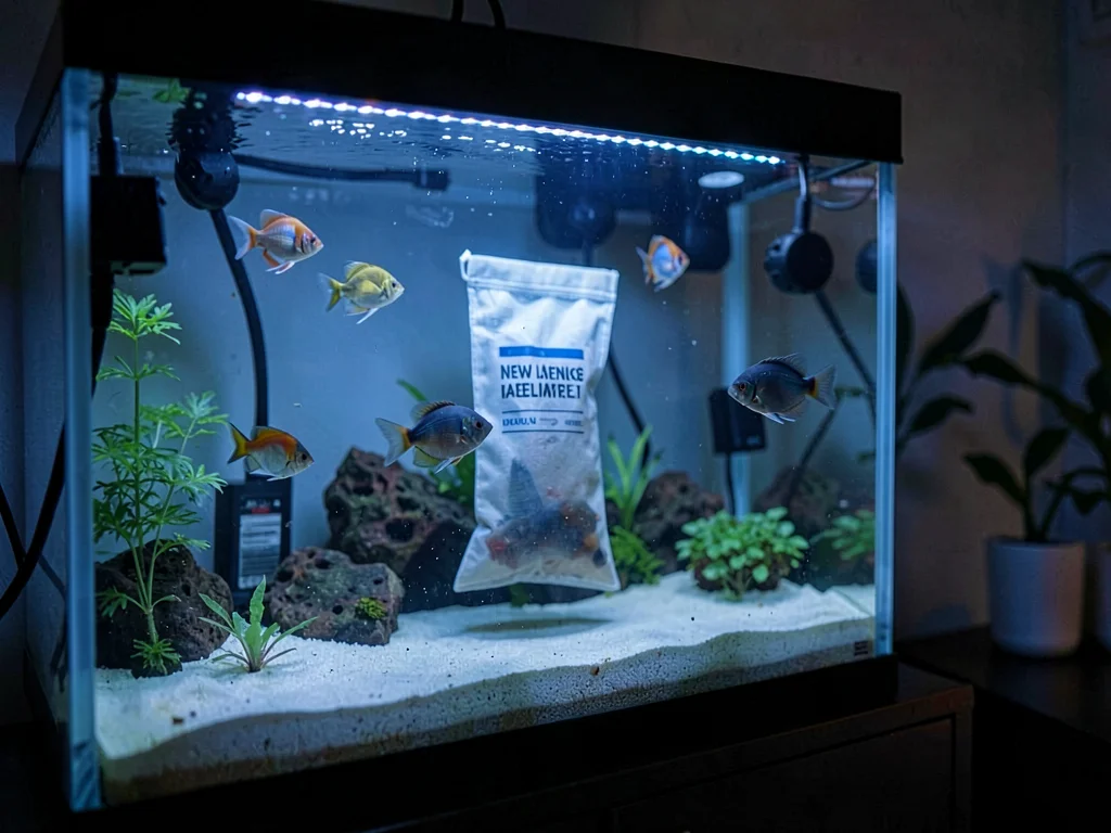New fish acclimation, bag floating in tank, the ritual of introducing new life t