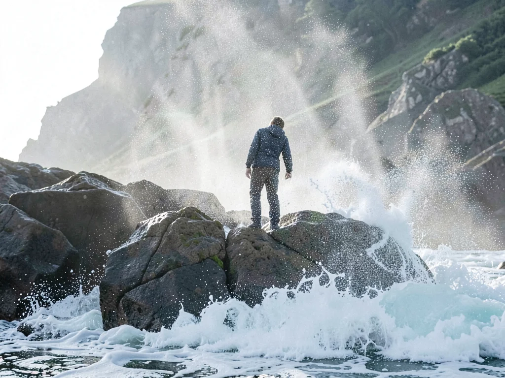 Person on rocks in spray