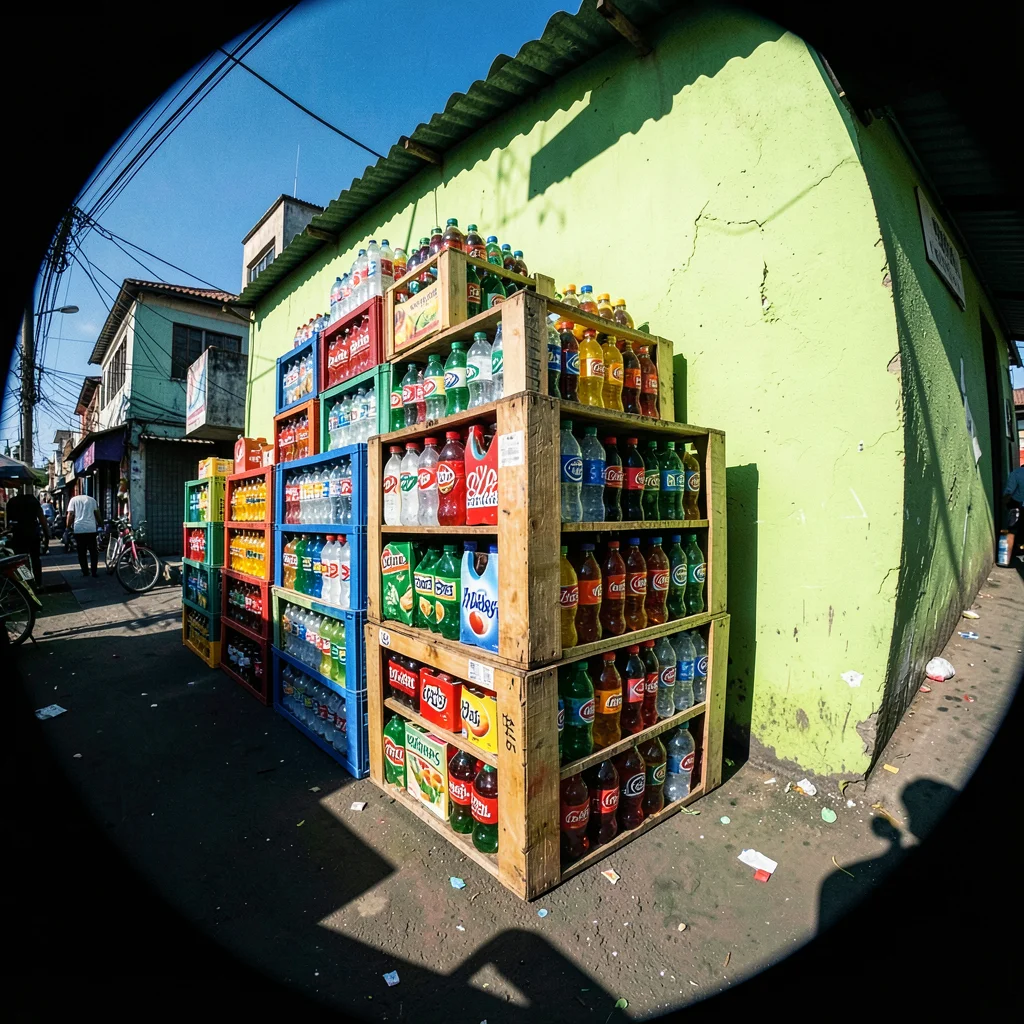 Harsh equatorial noon light casting deep shadows, Stacked crates of soft drinks 