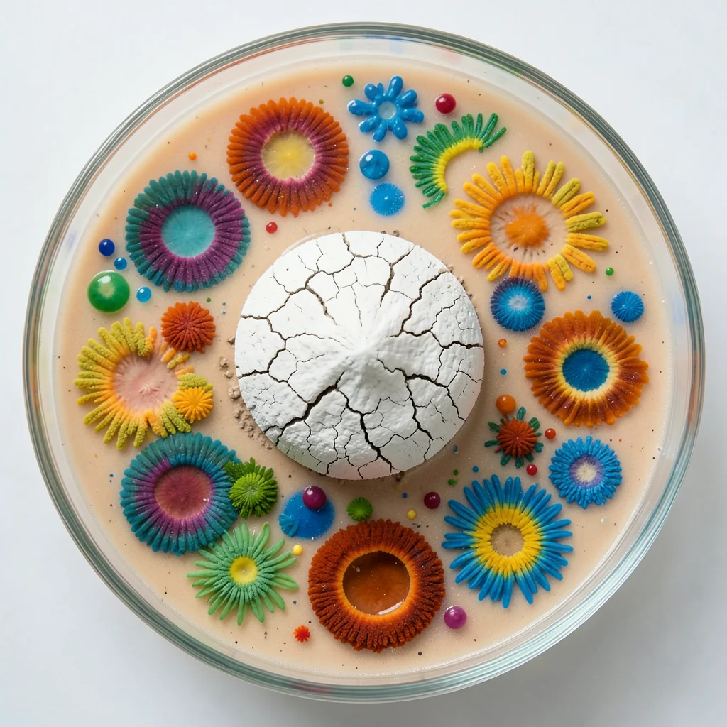 Actinomyces colony, chalky white dome with cracked surface like dry earth, bacte