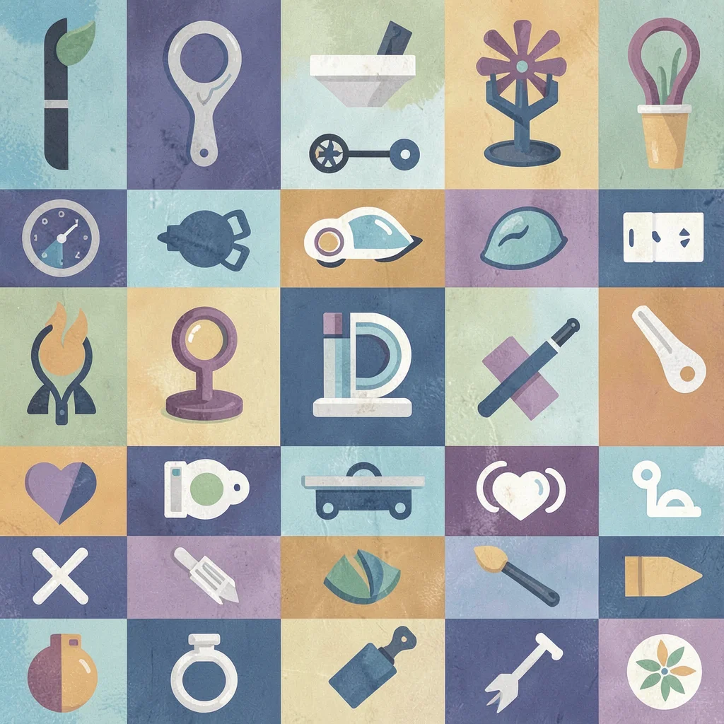 Bold flat layout composition of a checkerboard of mixed iconographic symbols, no