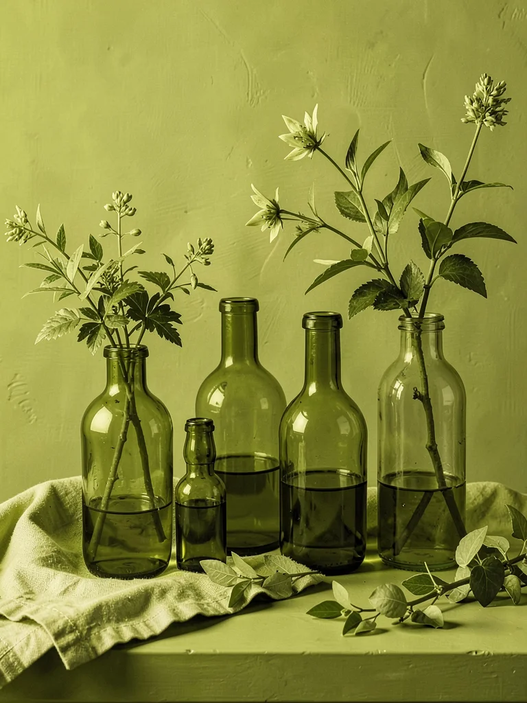 Olive green arrangement, vintage bottles, linen, plants, yellow-green coordinate