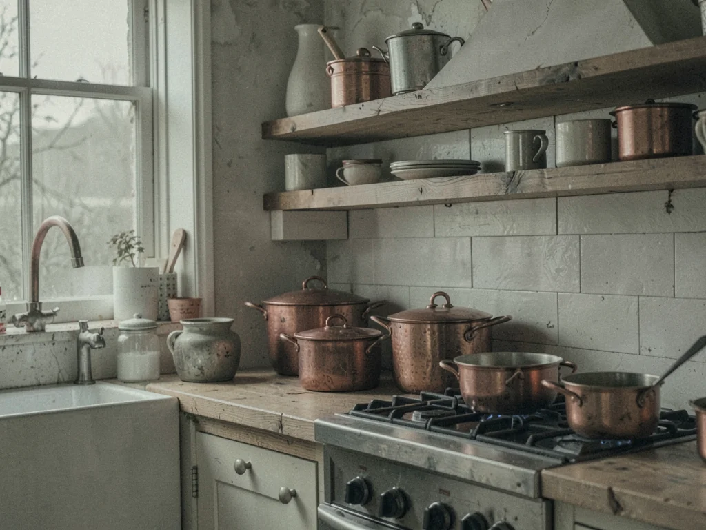 Kitchen with copper pots and wood