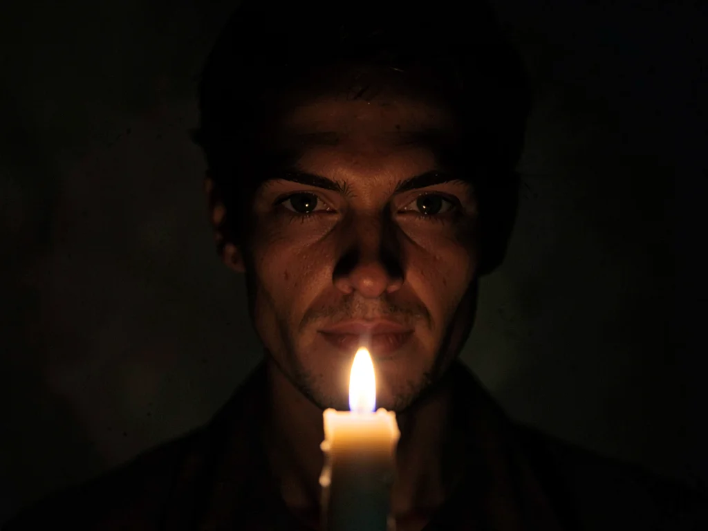 Single candle illuminating face