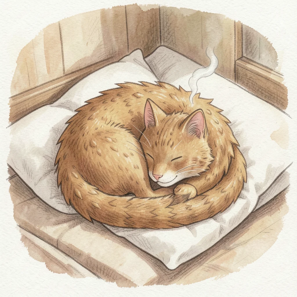 A dragon the size of a house cat curled up sleeping on a girl's pillow, tiny wis
