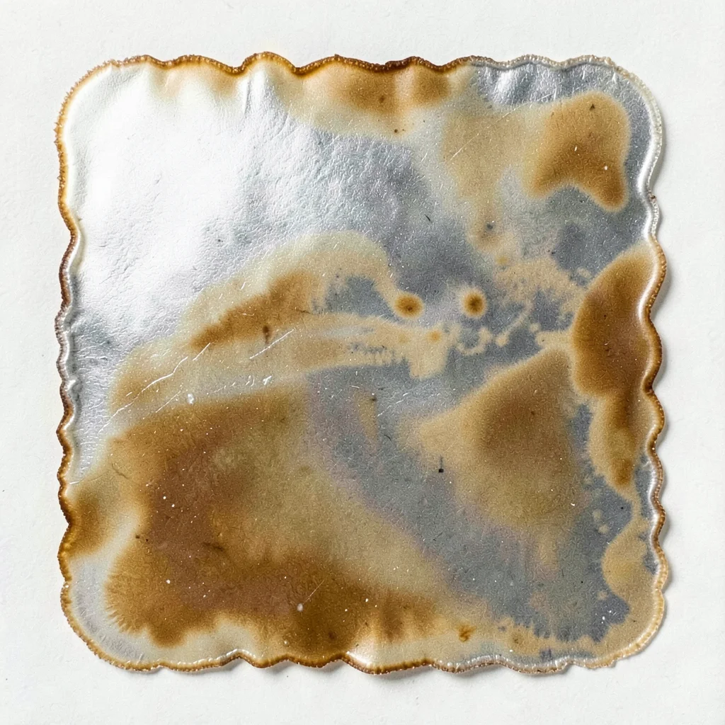 A chemigram with honey resist — organic, irregular edge, warm silver tones