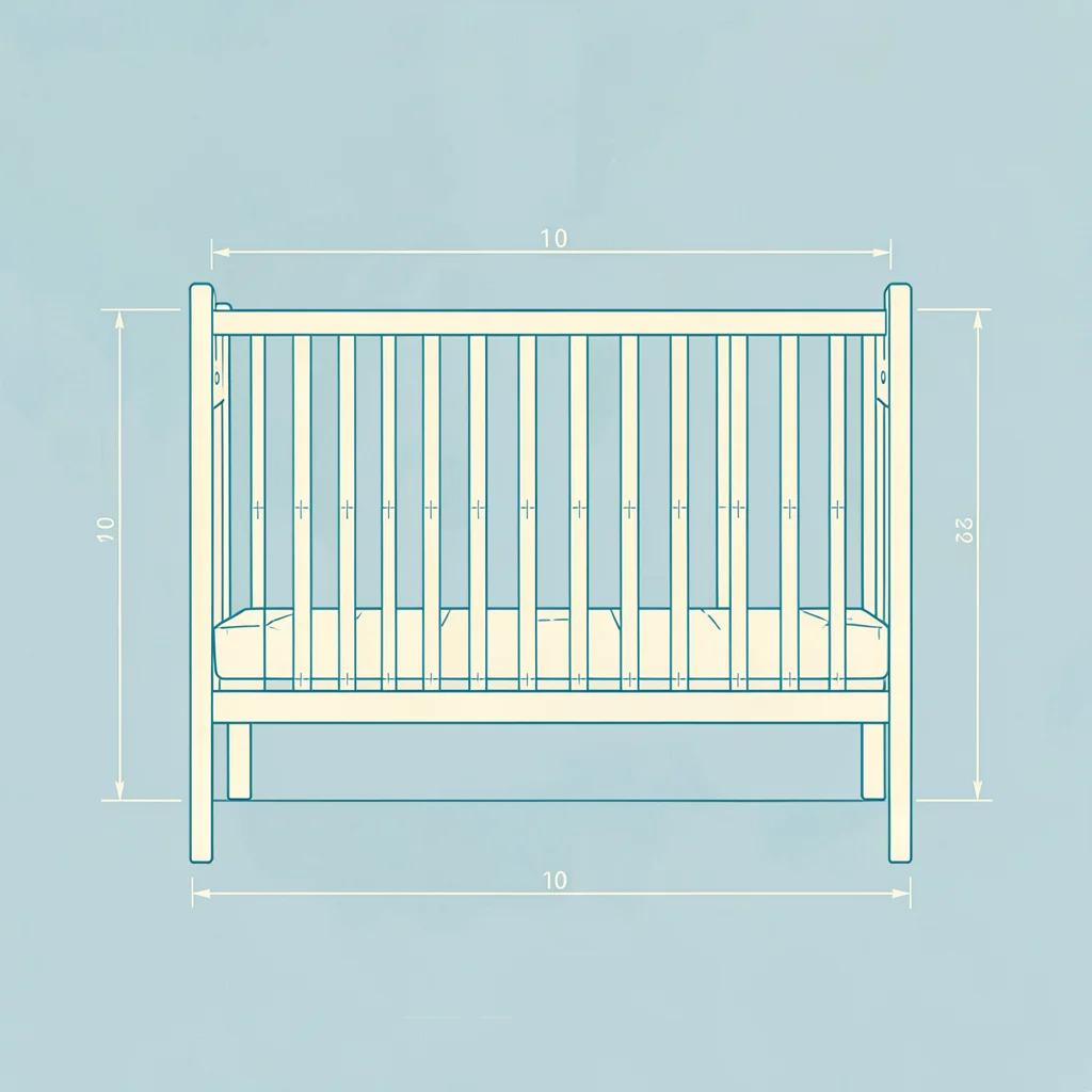 Blueprint-style schematic of a slatted crib drawn in fine cyan rules on cream pa